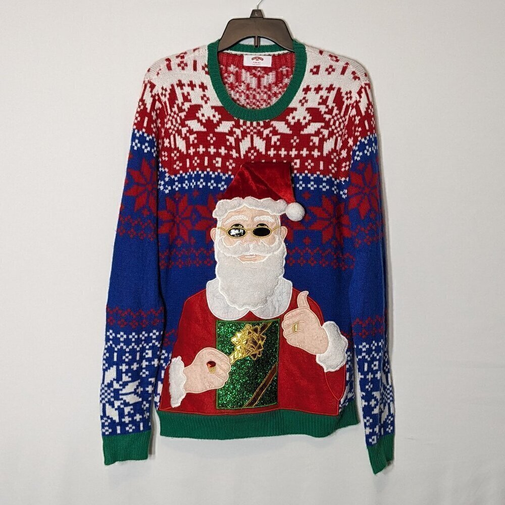 HOLIDAY TIME Men's Ugly Christmas Sweater; Santa Claus; Drink Pouch; Size M